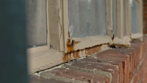 Outside brick window ledge rusty window sill close Stock Footage 116181915