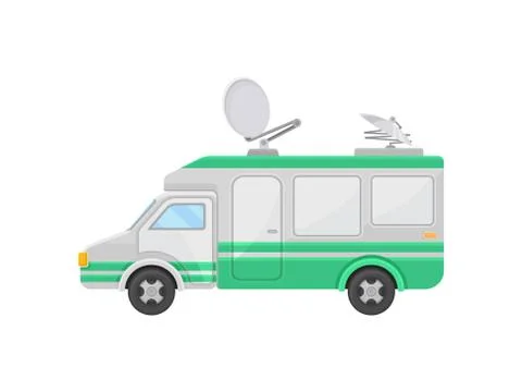 Outside broadcast van, side view. Truck with satellite dish antennas on roof. TV Stock Illustration