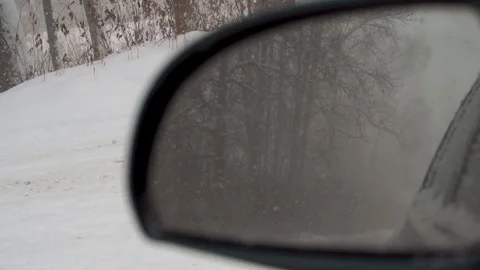 Outside the car window, snow falls beautifully. The dog "spy" runs past us. Stock Footage 100010456