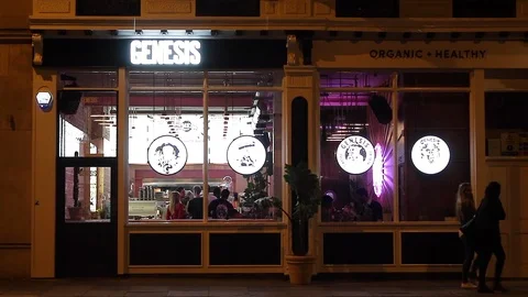 Outside of a cool vegan restaurant Genesis London Stock Footage 123711118