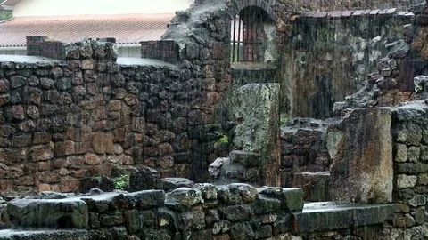 Outside of a derelict cell block in Devils Island Stock Footage 76868940