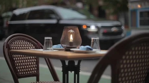 Outside Dining Table for Two with Lantern Light in the West Village NYC Stock Footage 191187720