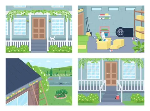Outside house flat color vector illustration set Stock Illustration
