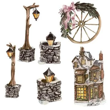 Outside lamp with stone basement , winter cottage . Watercolor hand drawn ill Ilustración de archivo