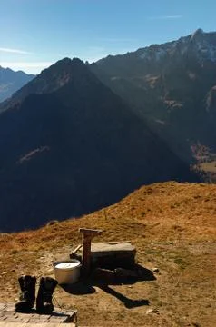 Outside a mountain hut Stock Photos