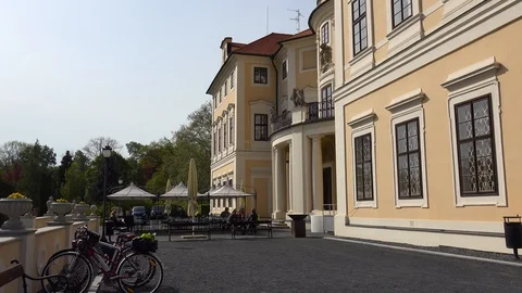 An outside patio in front of and old historical chateau Stock Footage 122763876