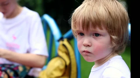 Outside portrait of little cute blonde boy resting outdoor with family. Children Stock Footage 134467341