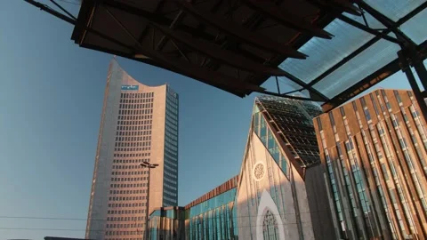 The outside of the university of Leipzig and a skyscraper in Saxony, Germany. Stock Footage 233708802