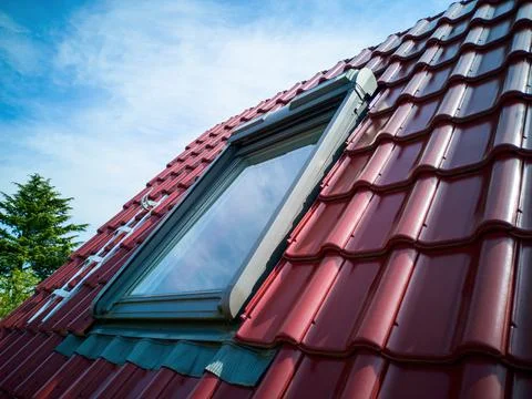 Outside view mansard window.Skylight attic window in red tiled roof.Copy space Stock Photos