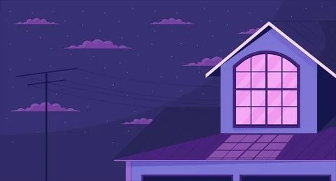 Outside window attic on starry night clouds 2D cartoon background 스톡 일러스트