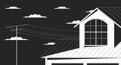 Outside window attic on starry night clouds outline 2D cartoon background Stock Illustration