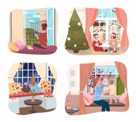 Outside window, collection of illustrations, people look at window, summer Ilustración de archivo