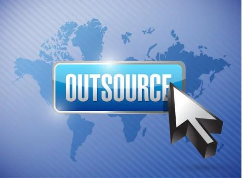 Outsource button and cursor over a world map Ilustração Stock