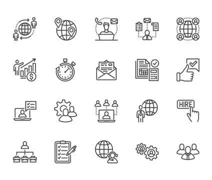 Outsource flat line icons set. Recruitment, partnership, teamwork, freelancer Stock Illustration