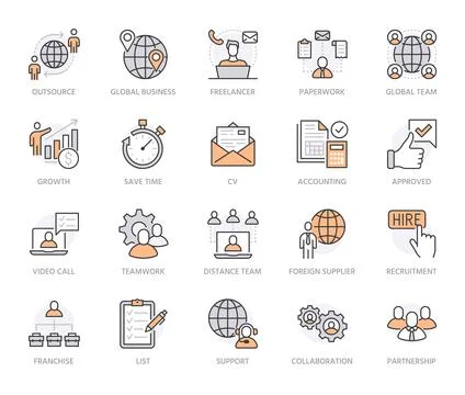 Outsource flat line icons set. Recruitment, partnership, teamwork, freelancer Stock Illustration