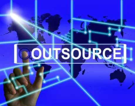 Outsource screen means international subcontracting or outsourcing Иллюстрация
