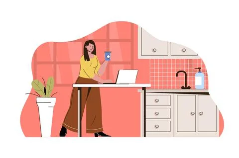 Outsource work concept. Woman remote worker working in kitchen of home situation Stock Illustration