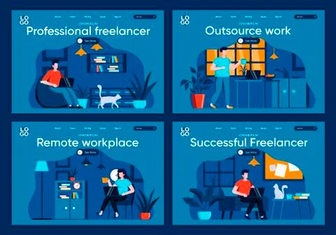 Outsource work flat landing pages set. 스톡 일러스트