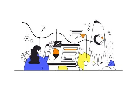 Outsourcing company web concept in flat outline design with character. Woma.. Stock Illustration