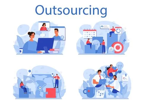Outsourcing concept set. Idea of teamwork and project delegation 스톡 일러스트