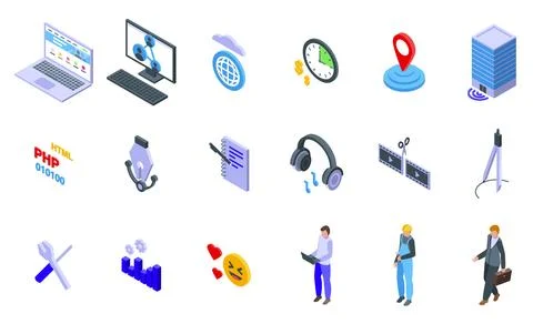 Outsourcing icons set isometric vector. Network team Stock-Illustration