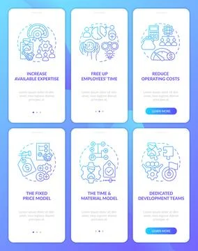 Outsourcing practice blue gradient onboarding mobile app screen set Illustrazione stock