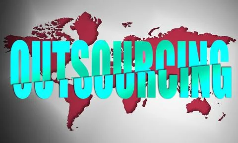 Outsourcing text concept on a red world map background isolated on white Stock Illustration