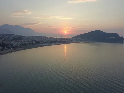 Outstanding Flight at dawn on the beach of a small town in Italy Stock Footage 72332358