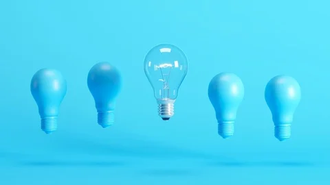 Outstanding lightbulb among blue lightbulbs floating on blue background. 3D A Stock Footage