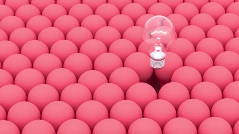 Outstanding lightbulb on among pink lightbulbs floating . 3D Animation. Stock Footage