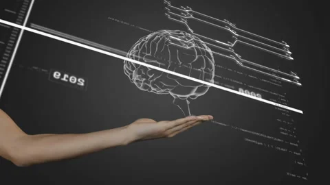 Outstretched forearm cradling node triggers wireframe brain rotating to show Stock Footage 315406404