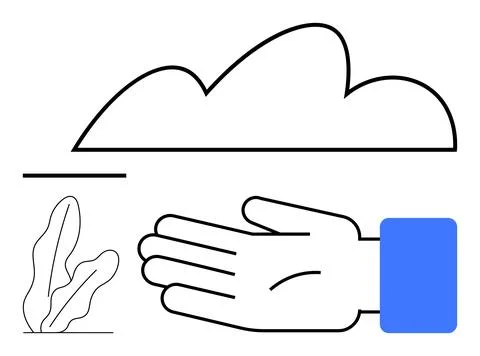 Outstretched Hand Below Abstract Cloud with Minimal Plant Symbol and Blue R.. Stock Illustration