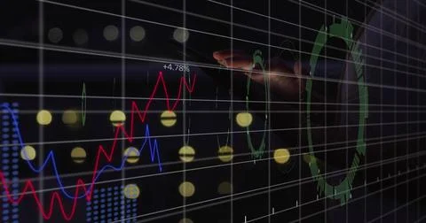 Outstretched hand controlling digital interface with line graphs and nodes, copy Stock Photos