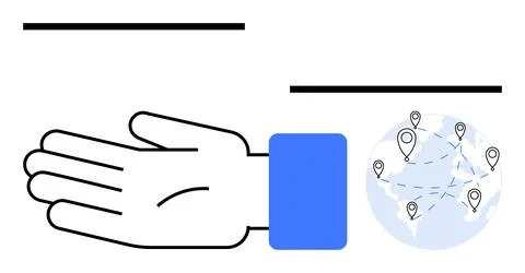 Outstretched Hand with Global Map and Location Pins Representing Worldwide .. Illustrazione stock