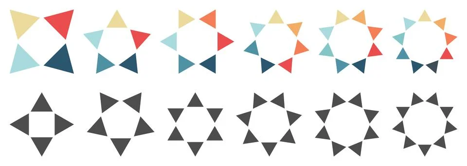 Outward pointing triangles forming circle, version with four to nine object.. Illustrazione stock