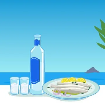 Ouzo and cooked fish  in a table next to the sea. Vector illustration Stock Illustration