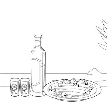 Ouzo and cooked fish in a table next to the sea. Stock Illustration