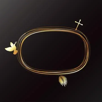 Oval banner with gold threads. Cross, dove of peace and branch 库存插图