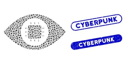Oval Collage Bionic Eye Circuit with Textured Cyberpunk Stamps Stock Illustration