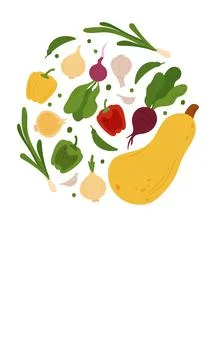 Oval composition of simple flat vegetables. Colorful autumn harvest of pumpkin z Stock Illustration