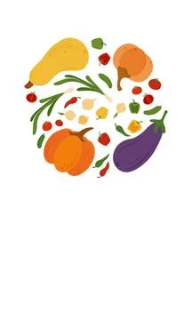 Oval composition of simple flat vegetables. Colorful autumn harvest of pumpkin z Stock Illustration