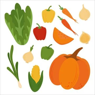 Oval composition of simple flat vegetables. Colorful autumn harvest of pumpkin z Stock Illustration