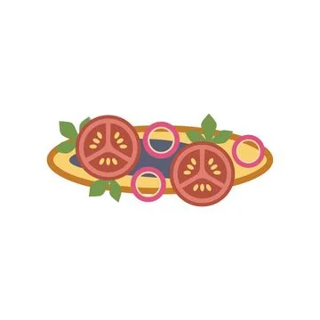 Oval dish containing sliced tomatoes and onions with basil leaves Stock Illustration