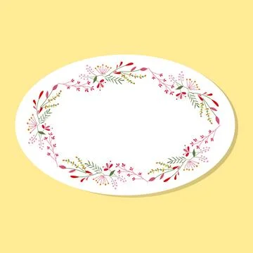 Oval floral frame on yellow background. Nice flat flowers with leaves wreath. Stock Illustration