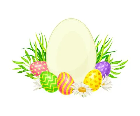 Oval Frame with Decorated Easter Eggs or Paschal Eggs Rested in Green Grass with Stock Illustration
