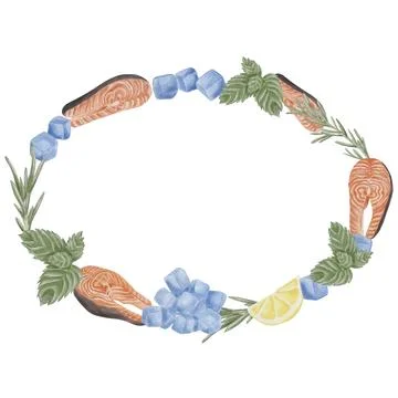 An oval frame with fish fillets, lemon, mint, rosemary, and ice cubes. A food Stock Illustration