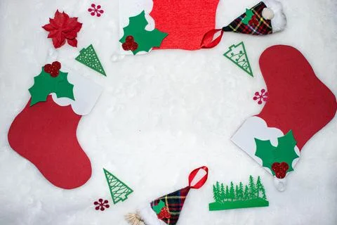 Oval frame lined with elements of Christmas decor with copy space Stock Photos