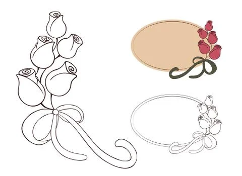 Oval frame with outline roses, vector illustration Stock Illustration