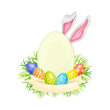 Oval Frame with Peeped out Bunny Ears and Decorated Easter Eggs or Paschal Eggs Stock Illustration