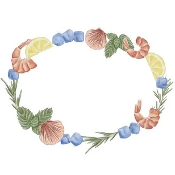 An oval frame with shrimp, shells, lemon, mint, rosemary, and ice cubes. A fo Stock Illustration